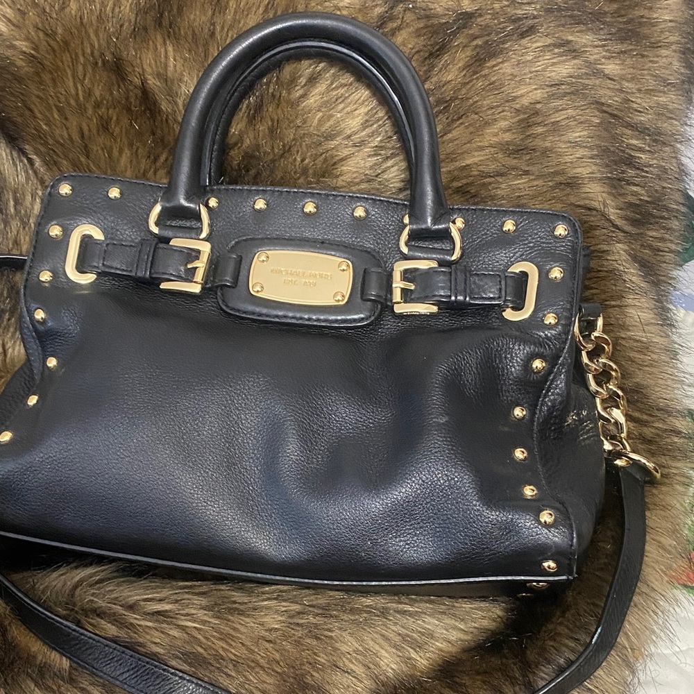 Black Leather Handbag with Gold Accents